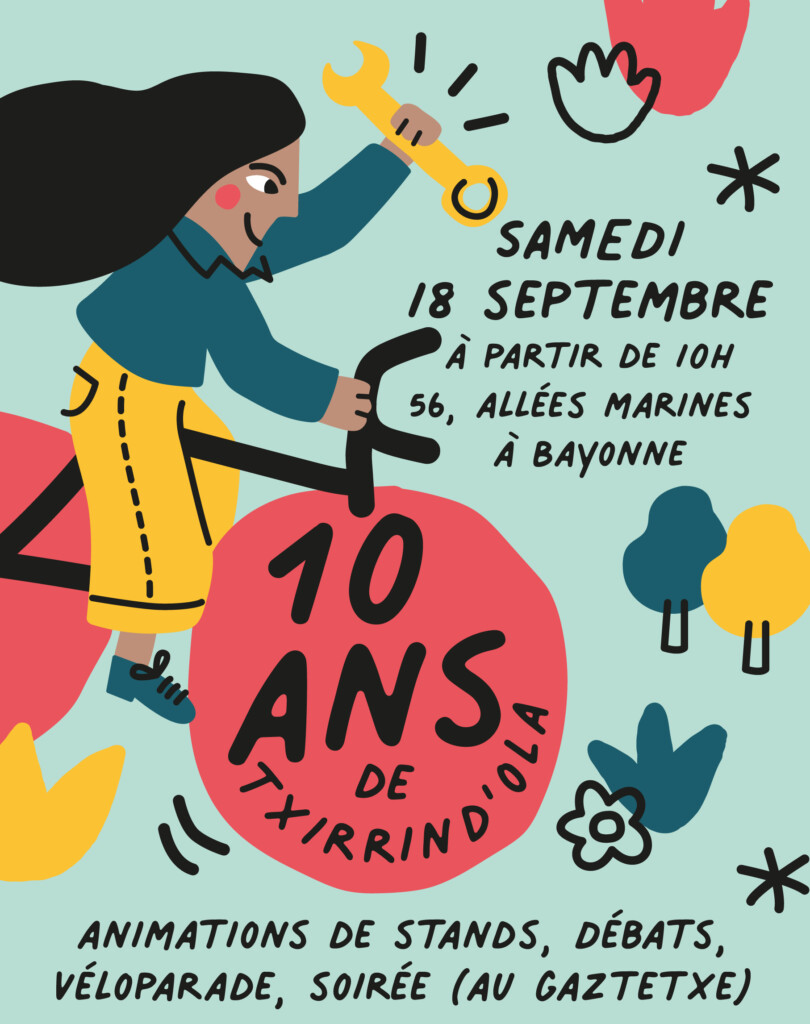 La fête des 10 ans Des animations variées auront lieu tout au long de la journée du 18 septembre. Elles seront ouvertes au grand public, qui sera invité à échanger autour du voyage à vélo, rencontrer nos partenaires associatifs, découvrir l'atelier, participer à une course de lenteur. Une balade à vélo festive partira à 17h30 pour une boucle à travers l'agglomération. L'arrivée sera au Gaztetxe de Bayonne quai Lesseps qui accueillera concerts et DJ. Une petite restauration sera proposée sur place. Le programme complet est en ligne sur le site web et les réseaux sociaux. > Attention, conformément aux règles en vigueur, le passe sanitaire sera obligatoire pour les animations. L'essor d'une association dans l'air du temps Fondée en 2011, Txirrind'Ola a commencé en animant des ateliers ambulants de réparation de vélo. L'idée ? Enseigner la mécanique de base (réparation de crevaisons, réglages de freins...) pour encourager la pratique du vélo. Rapidement, l’association a commencé à récupérer des vélos d'occasion pour les remettre en état et les revendre à petit prix. Avec un premier local rue Sainte-Catherine, puis en 2014 le grand local allées Marines mis à disposition par la communauté d'agglomérations, l'association a pris de l'ampleur. Plus visible, elle a pu embaucher et emploie désormais 4 personnes. Au fil du temps des partenariats se sont noués et les activités se sont multipliées : prêt étudiants, vélo-école pour adultes, animations... le tout grâce aux salariés et à l'énergie d'une équipe bénévole sans cesse renouvelée. L'essor de Txirrind'Ola correspond aussi à une prise de conscience de la nécessité de repenser les déplacements de proximité pour améliorer la qualité de vie et limiter le réchauffement climatique, tout en contribuant à la réduction des déchets à la source. Pour en savoir plus : txirrindola.org Atelier vélo Txirrind'Ola